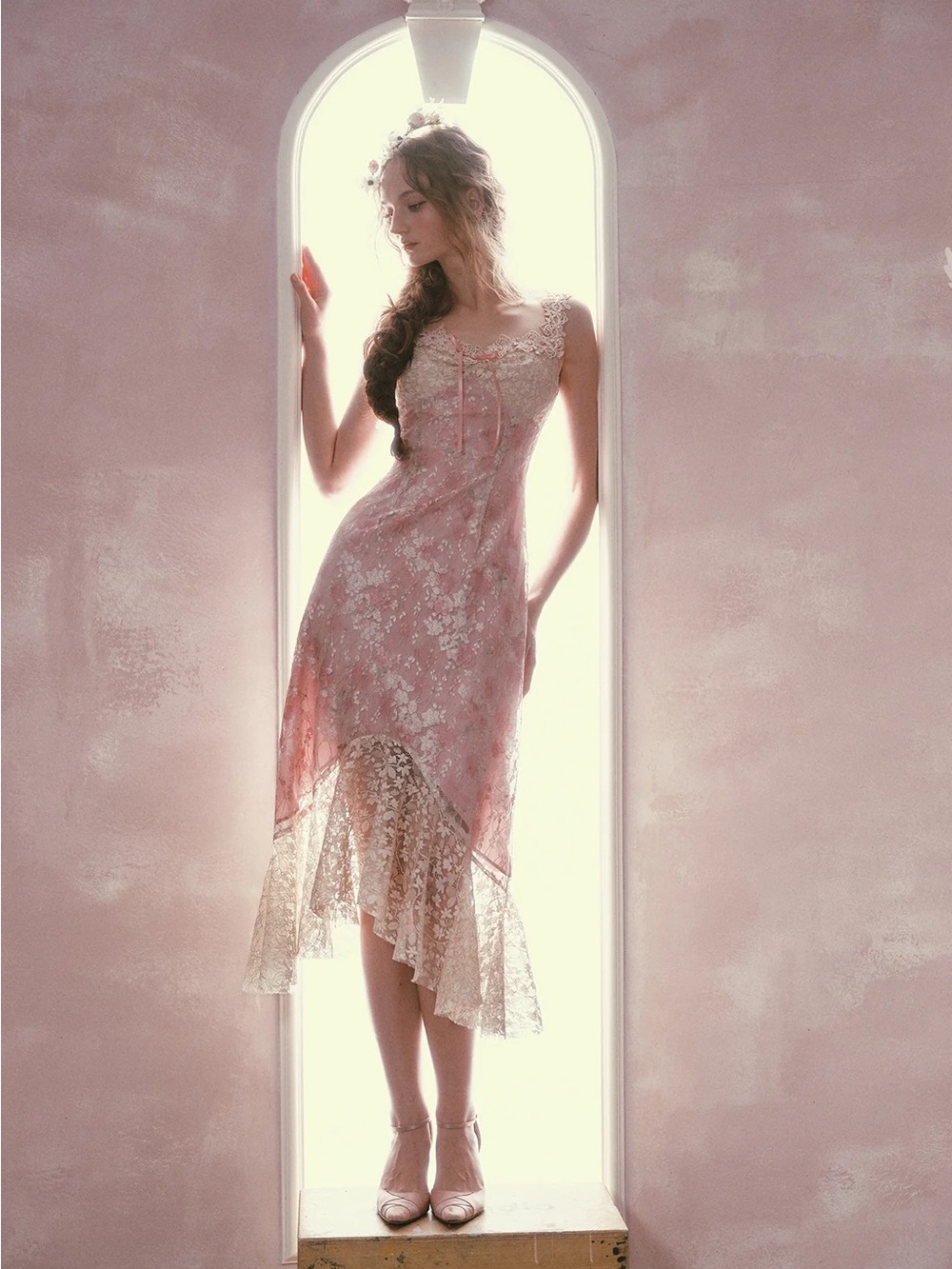 Lacemade Blush Pink Lace Overlay Midi Dress
